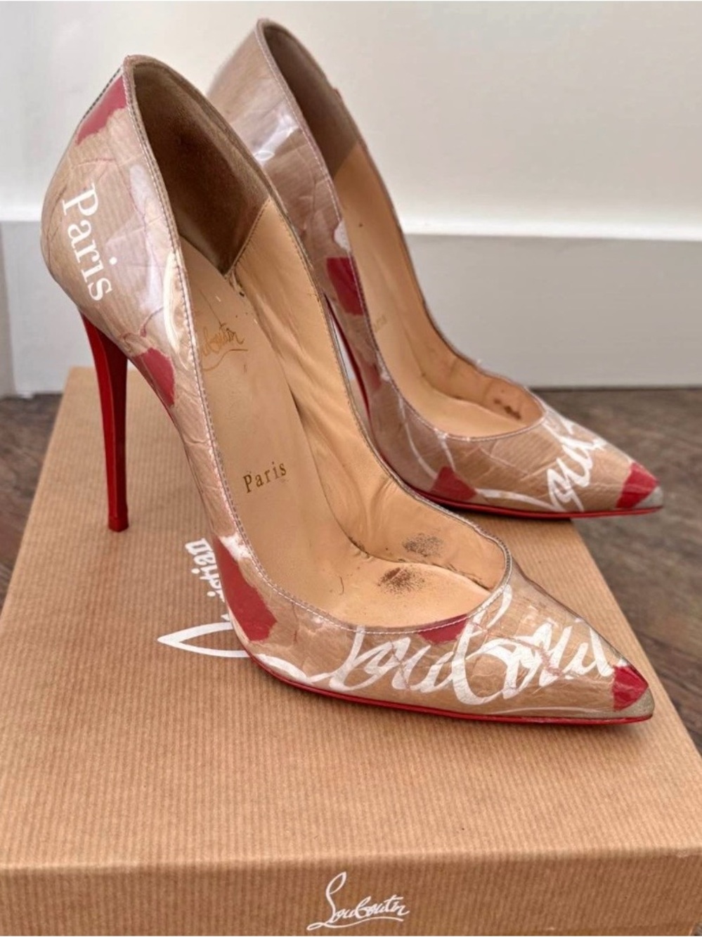 Christian Louboutin Beige Patent Graffiti Pointed-Toe Pumps with Red Soles